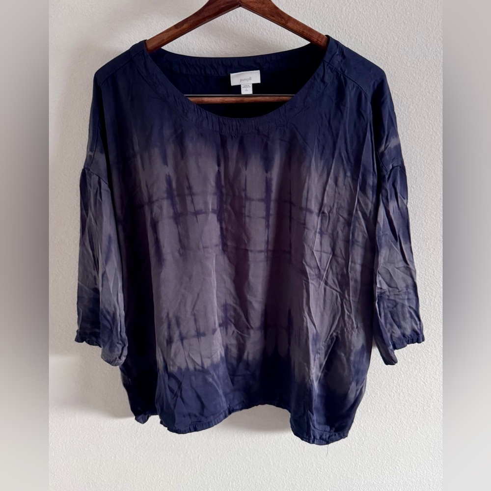 Pure Jill Women’s Tye Dye Top Blue Boho Hippie Beachy 3/4 Sleeve Large Tall